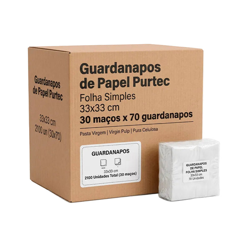 Guardanapos de Papel Purtec Folha Simples 33x33 cm - 2100 Guardanapos