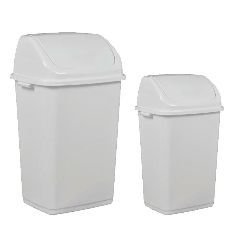 Baldes do lixo em plástico com tampa basculante de cor branco, com as capacidades de 20 e 40 Litros.